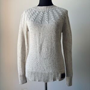 Superdry Cable Knit Sweater M Oatmeal Fleck Leather Patch